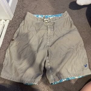 American Eagle Outfitters Men's Black and White Striped Swim Trunks